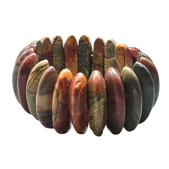 Natural Jasper Stretch Bracelet Multicolor Half Moon Wedges Green Red Orange 8" - Picture 9 of 15